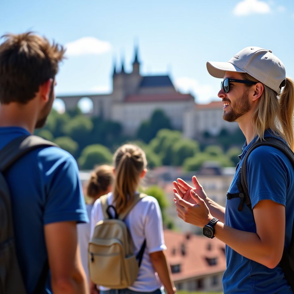 Průvodce ČeskéCesty vysvětlující historii Pražského hradu skupině turistů